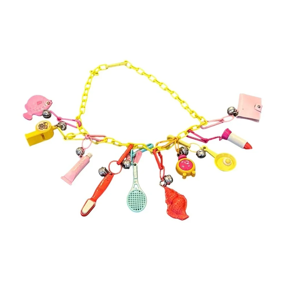 Vintage 80s Plastic Clip On Bell Charm Necklace‎ 10 Charms Yellow Chain
